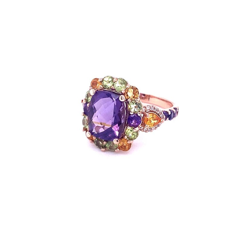 6.17 Ct Amethyst, Peridot, Sapphire, Diamond Rose Gold Ring