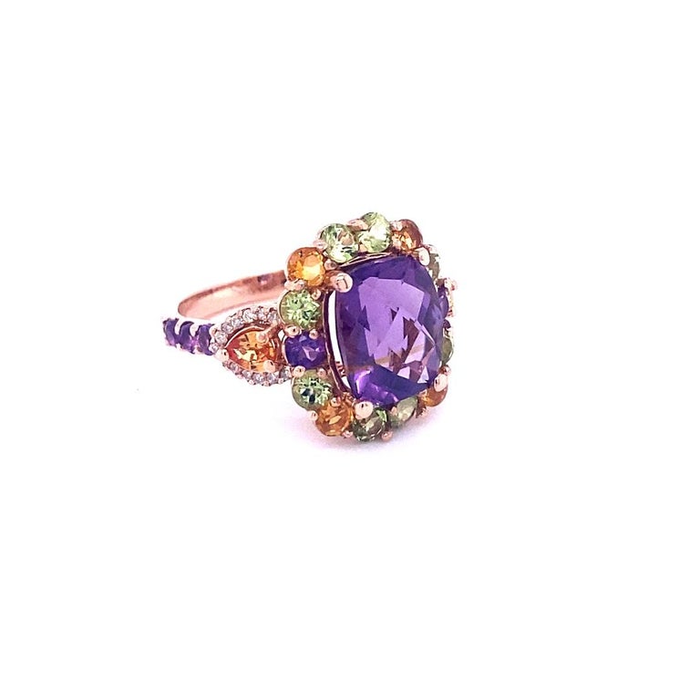 6.17 Ct Amethyst, Peridot, Sapphire, Diamond Rose Gold Ring