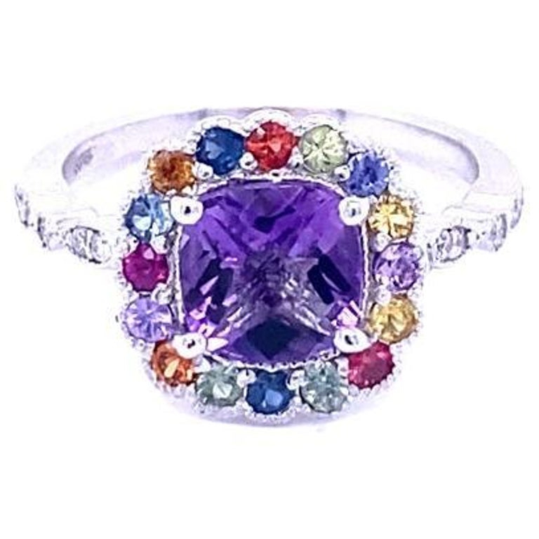 1.92 Ct Amethyst, Diamond, Sapphire White Gold Ring