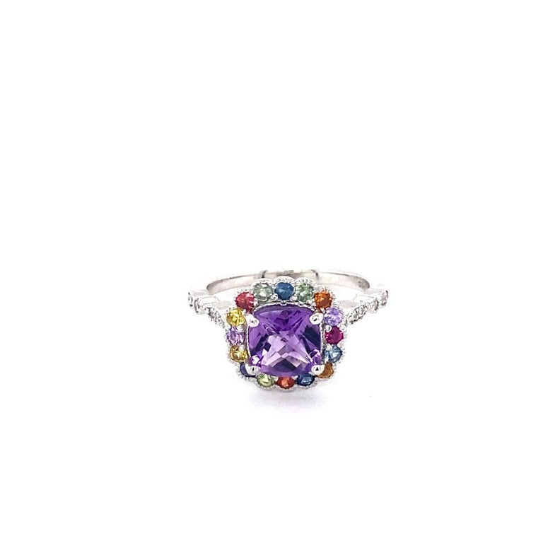 1.92 Ct Amethyst, Diamond, Sapphire White Gold Ring