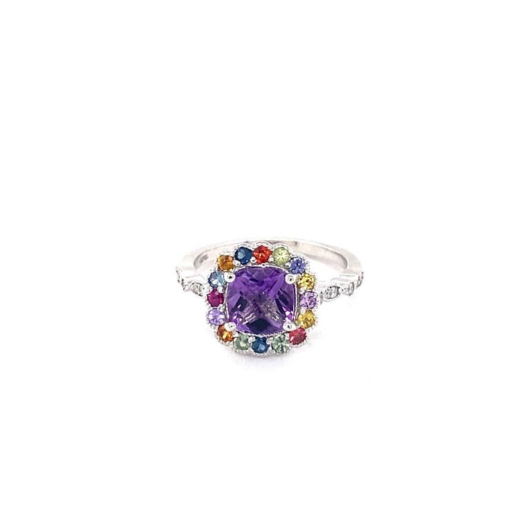 1.92 Ct Amethyst, Diamond, Sapphire White Gold Ring