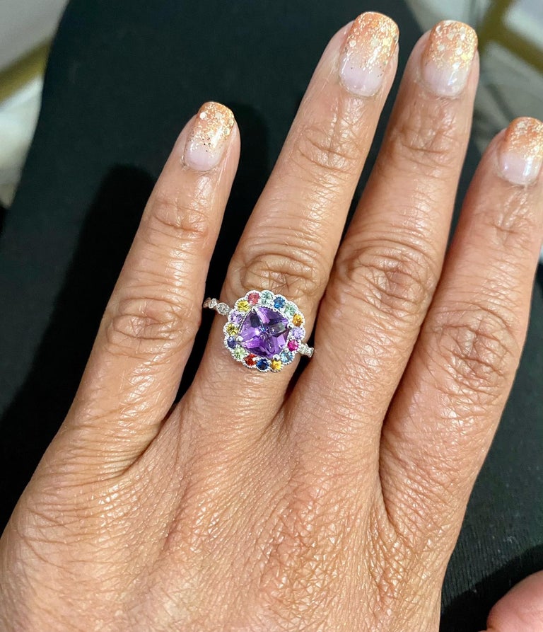 1.92 Ct Amethyst, Diamond, Sapphire White Gold Ring