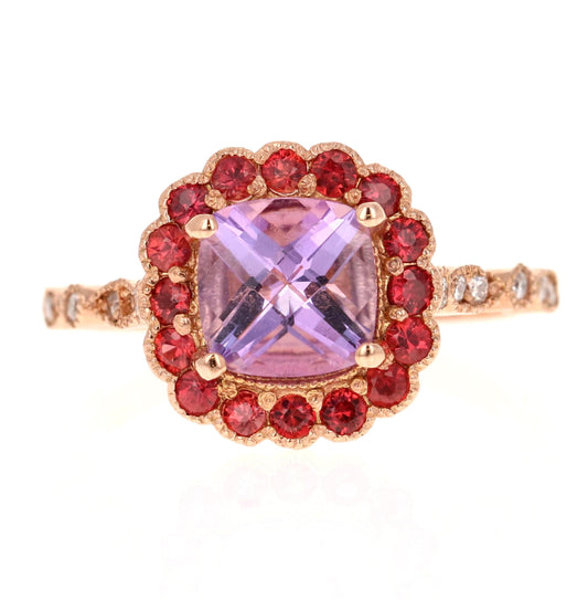 1.86 Carat Cushion Cut Amethyst Diamond Sapphire Rose Gold Ring