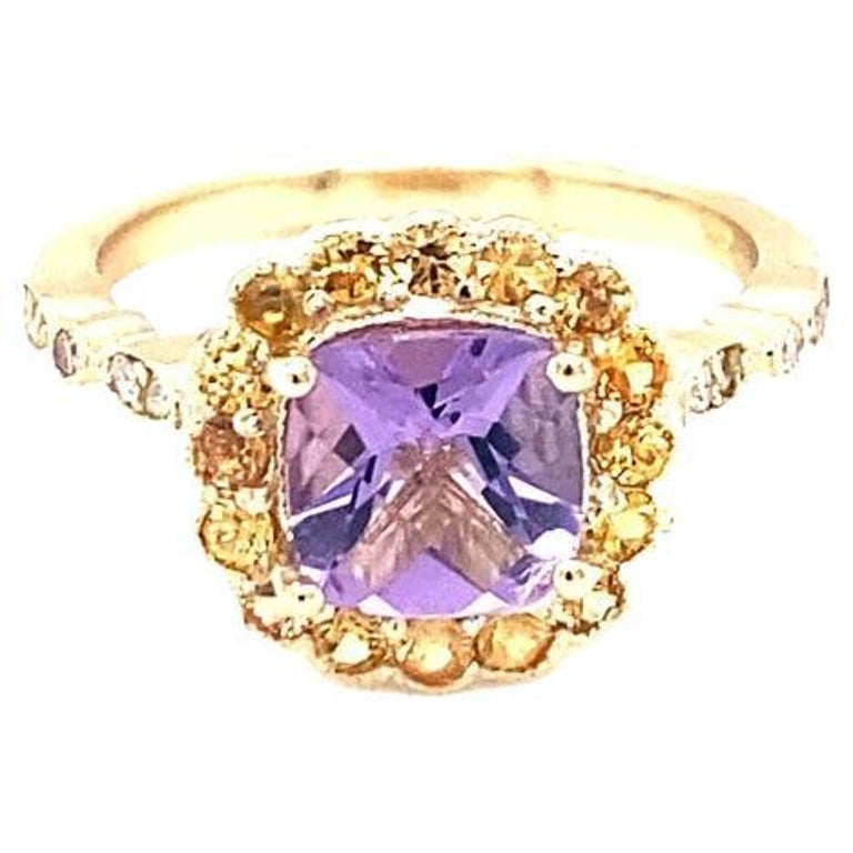 1.99 Ct Amethyst, Diamond, Sapphire 14K Yellow Gold Ring