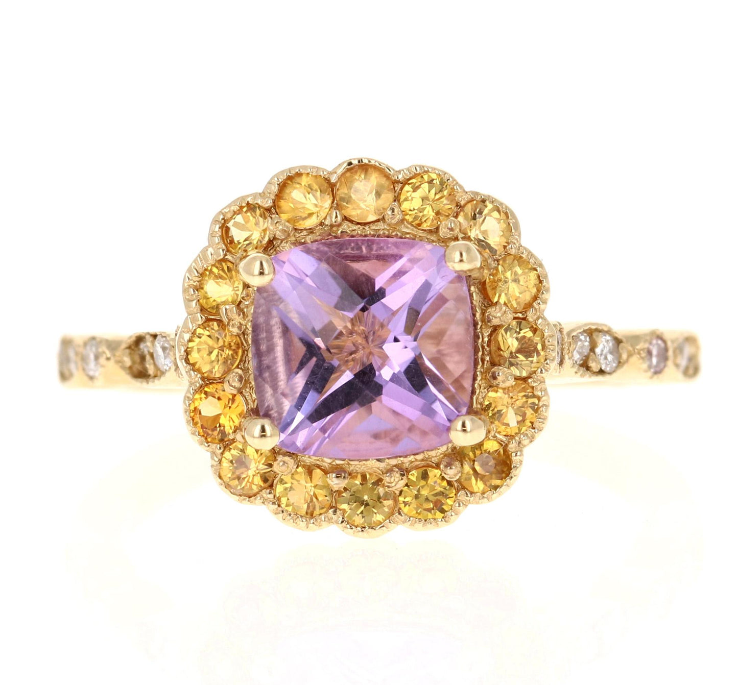 1.99 Carat Cushion Cut Amethyst Diamond Sapphire Yellow Gold Ring