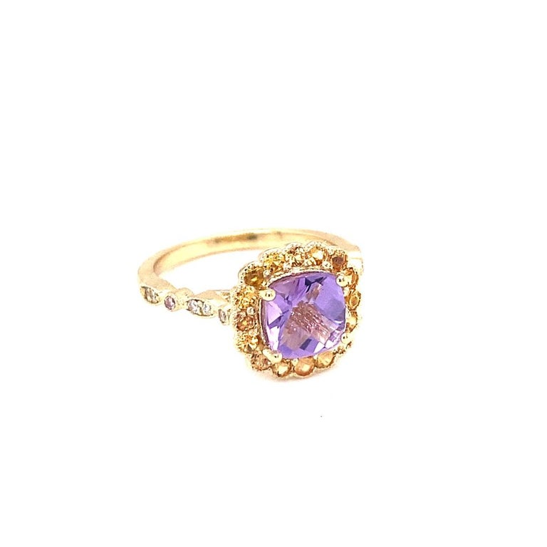 1.99 Ct Amethyst, Diamond, Sapphire 14K Yellow Gold Ring