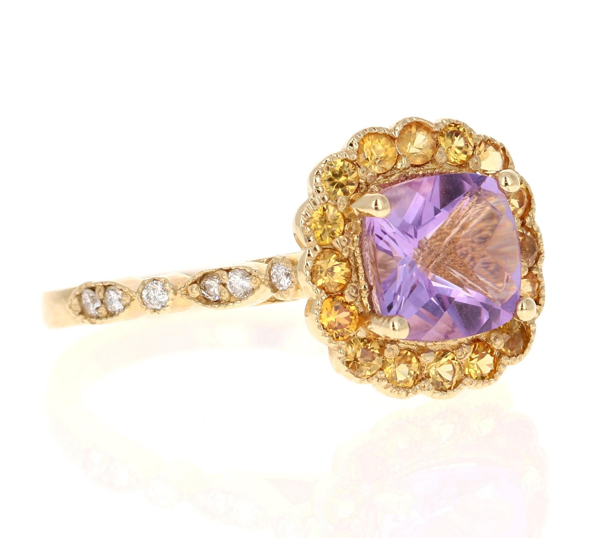 1.99 Carat Cushion Cut Amethyst Diamond Sapphire Yellow Gold Ring