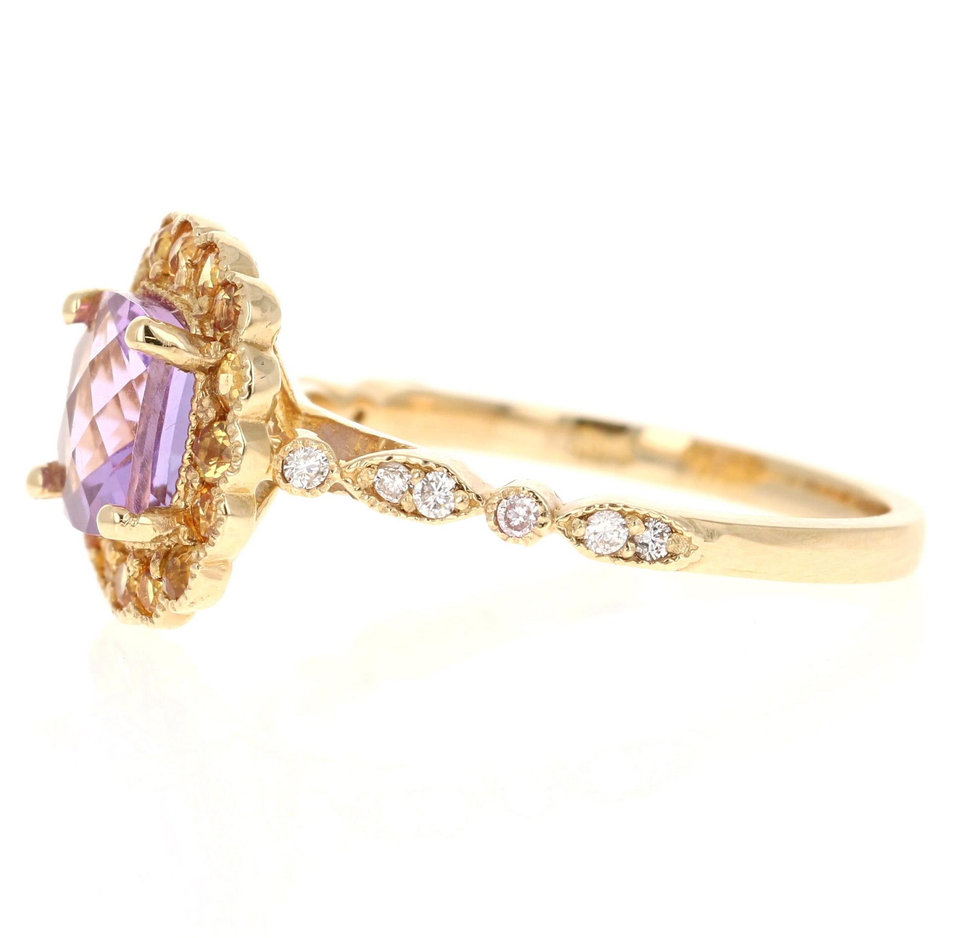 1.99 Carat Cushion Cut Amethyst Diamond Sapphire Yellow Gold Ring