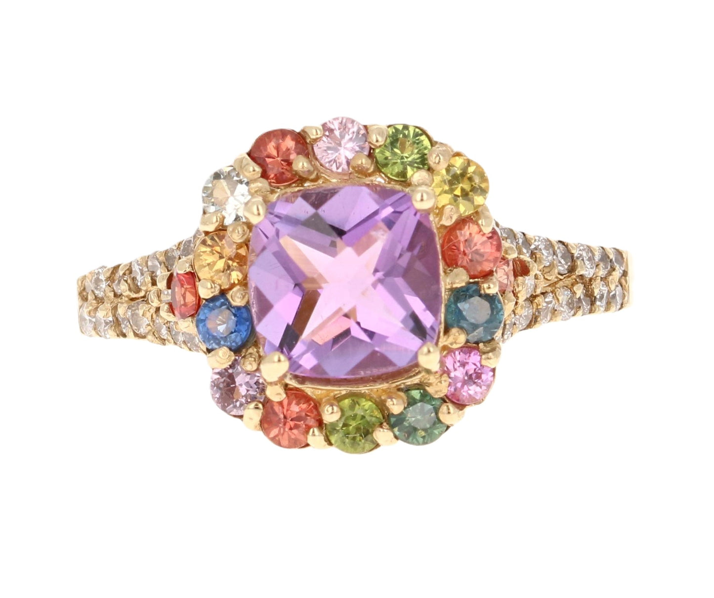 2.38 Ct Amethyst, Sapphire, Diamond 14K Yellow Gold Cocktail Ring