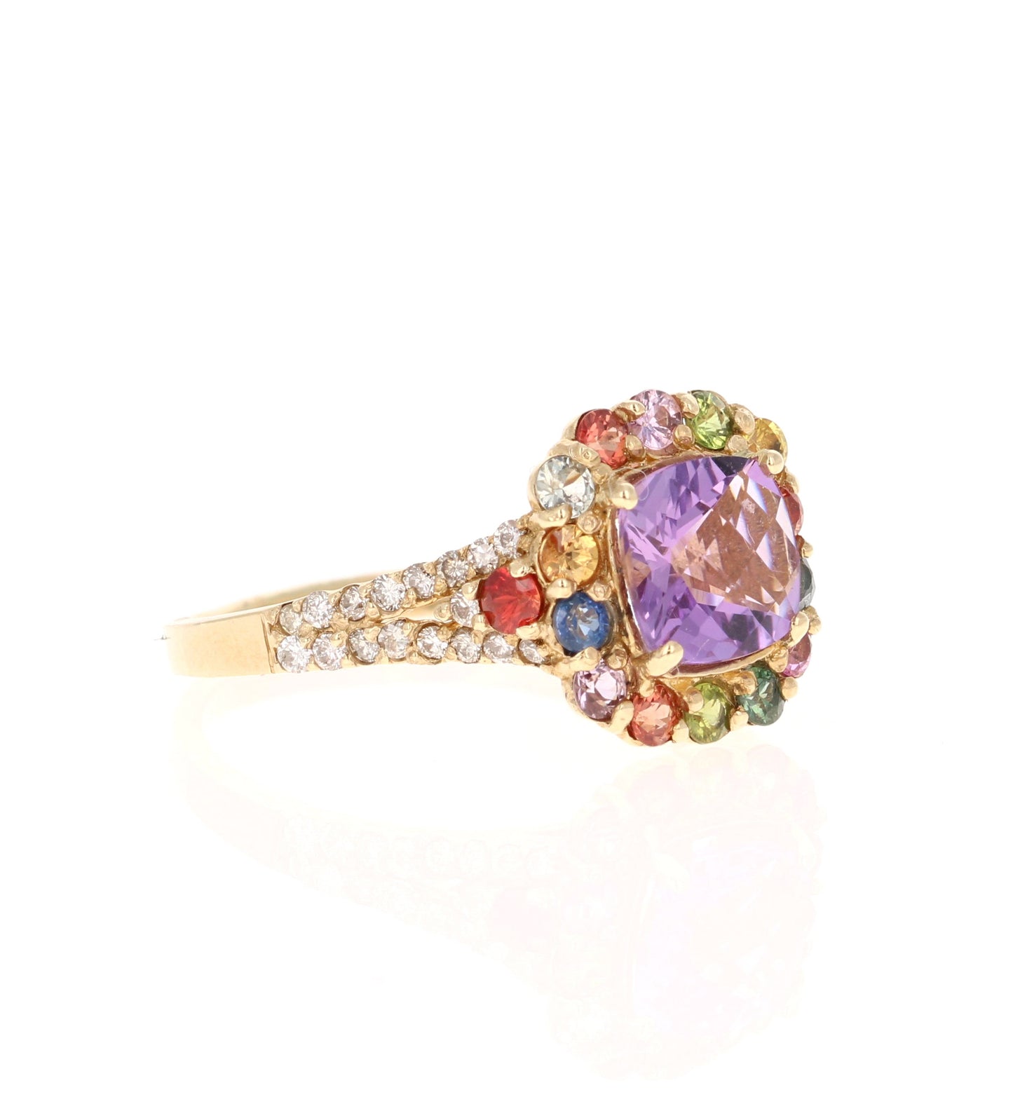 2.38 Ct Amethyst, Sapphire, Diamond 14K Yellow Gold Cocktail Ring