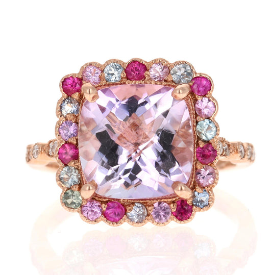 4.68 Carat Cushion Cut Amethyst Sapphire Diamond Rose Gold Cocktail Ring