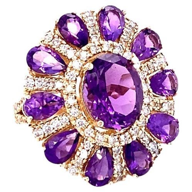 8.28 Ct Amethyst, Diamond 14K Yellow Gold Cocktail Ring