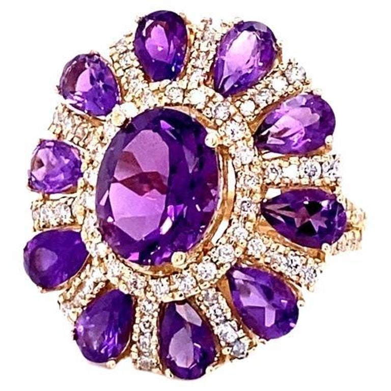 8.28 Ct Amethyst, Diamond 14K Yellow Gold Cocktail Ring