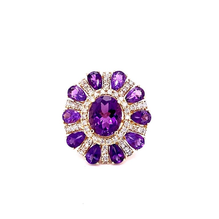 8.28 Ct Amethyst, Diamond 14K Yellow Gold Cocktail Ring