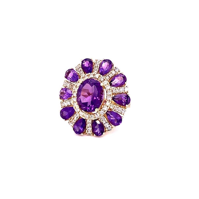 8.28 Ct Amethyst, Diamond 14K Yellow Gold Cocktail Ring