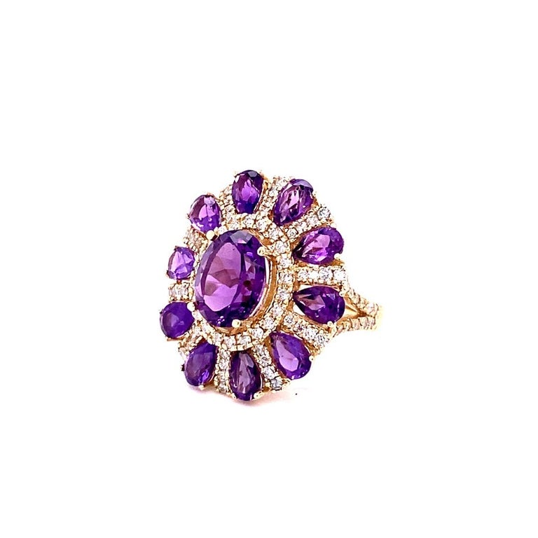 8.28 Ct Amethyst, Diamond 14K Yellow Gold Cocktail Ring