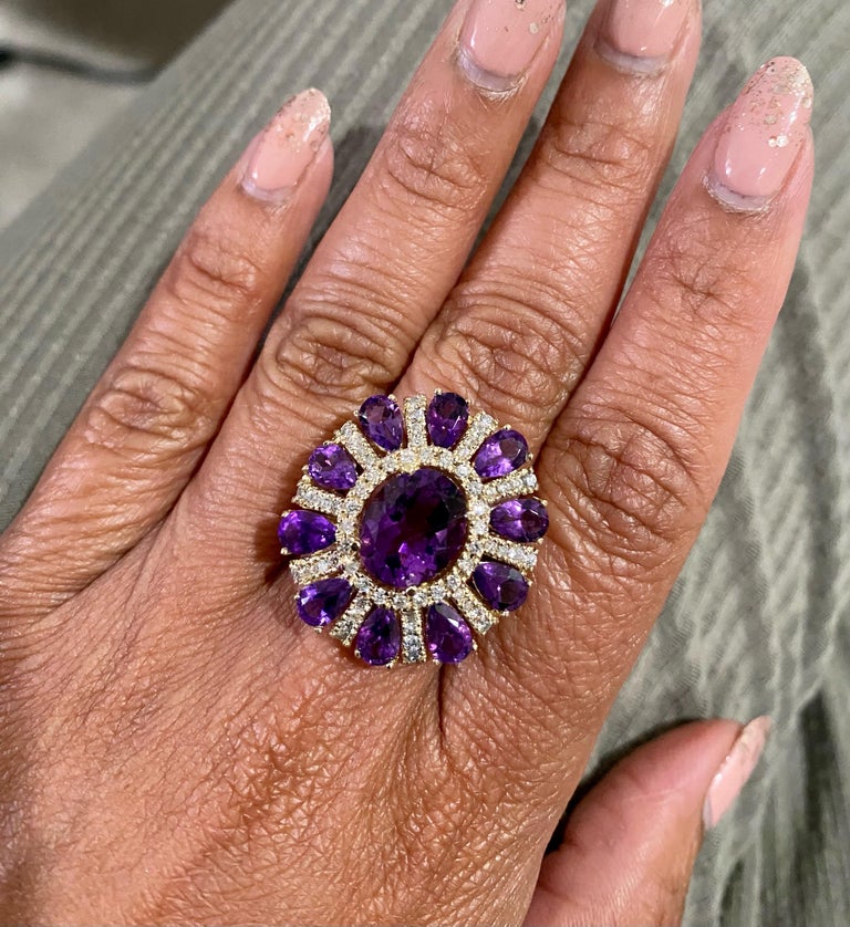 8.28 Ct Amethyst, Diamond 14K Yellow Gold Cocktail Ring