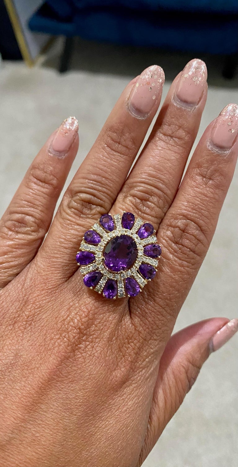 8.28 Ct Amethyst, Diamond 14K Yellow Gold Cocktail Ring