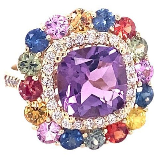 7.13 Ct Amethyst, Multicolor Sapphire, Diamond 14K Yellow Gold Cocktail Ring