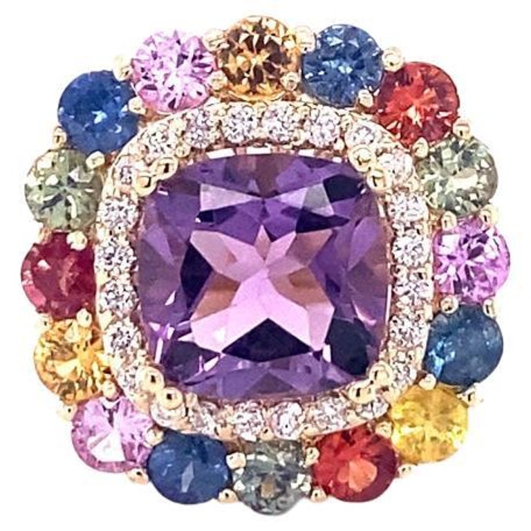 7.13 Ct Amethyst, Multicolor Sapphire, Diamond 14K Yellow Gold Cocktail Ring