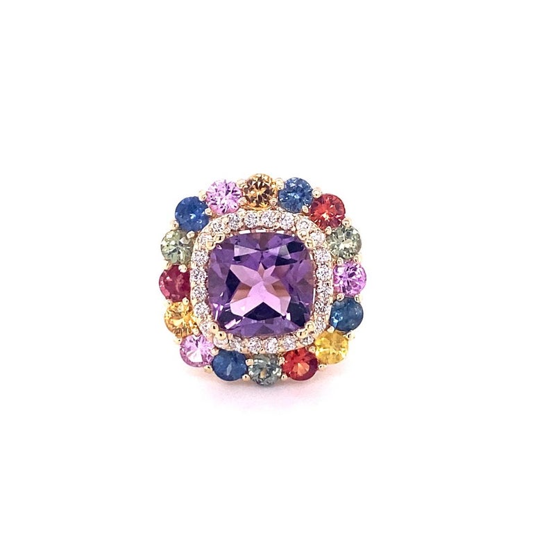 7.13 Ct Amethyst, Multicolor Sapphire, Diamond 14K Yellow Gold Cocktail Ring