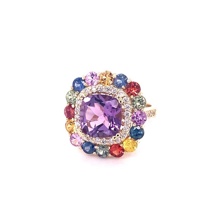 7.13 Ct Amethyst, Multicolor Sapphire, Diamond 14K Yellow Gold Cocktail Ring