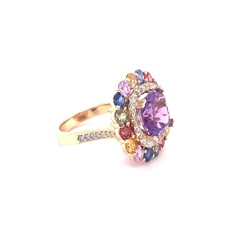 7.13 Ct Amethyst, Multicolor Sapphire, Diamond 14K Yellow Gold Cocktail Ring