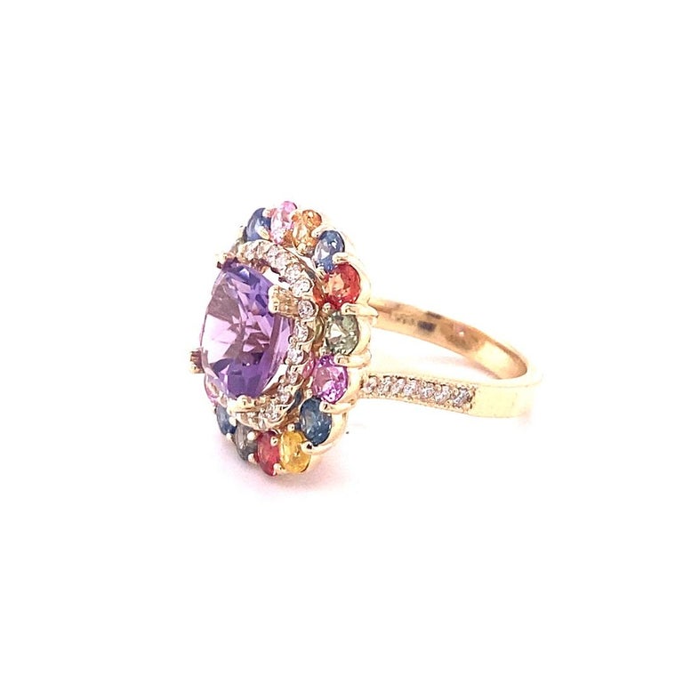 7.13 Ct Amethyst, Multicolor Sapphire, Diamond 14K Yellow Gold Cocktail Ring