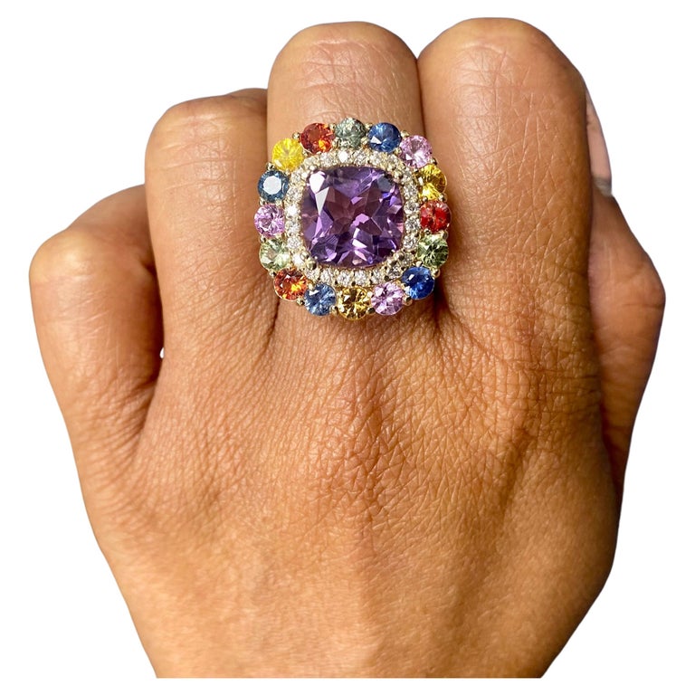 7.13 Ct Amethyst, Multicolor Sapphire, Diamond 14K Yellow Gold Cocktail Ring