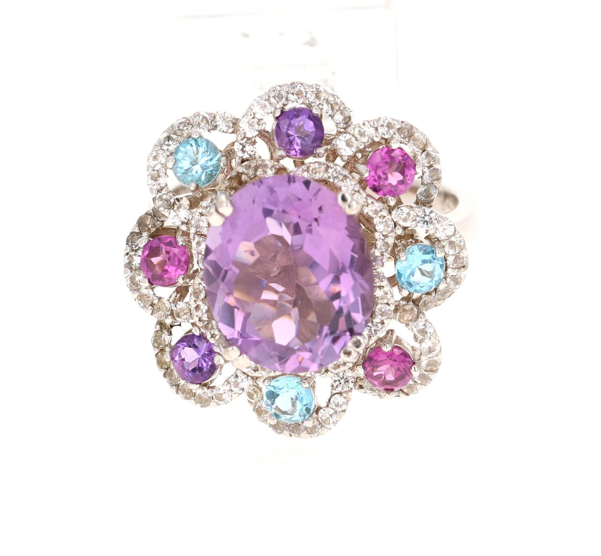 5.87 Carat Amethyst Sapphire Topaz White Gold Cocktail Ring