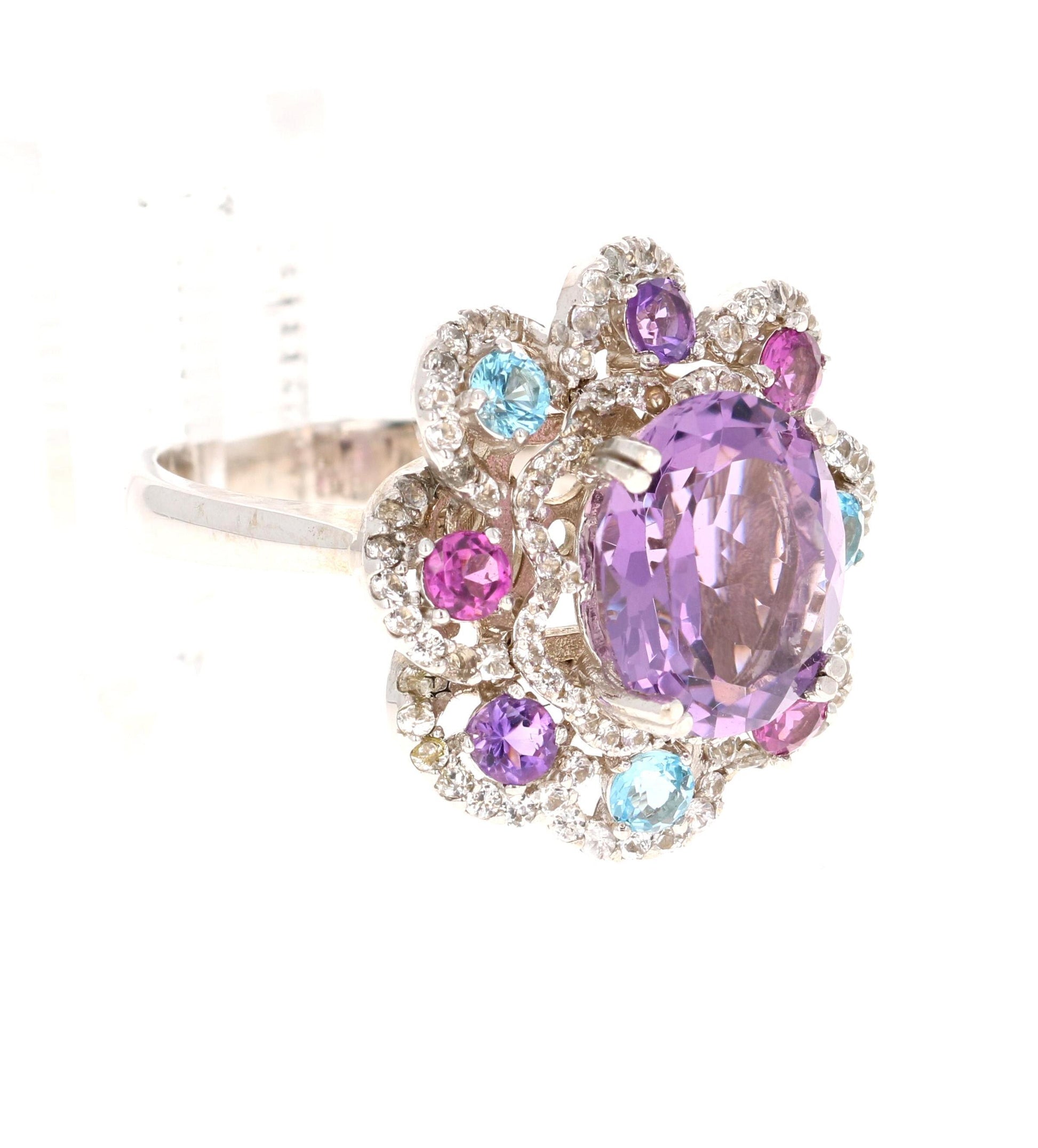 5.87 Carat Amethyst Sapphire Topaz White Gold Cocktail Ring