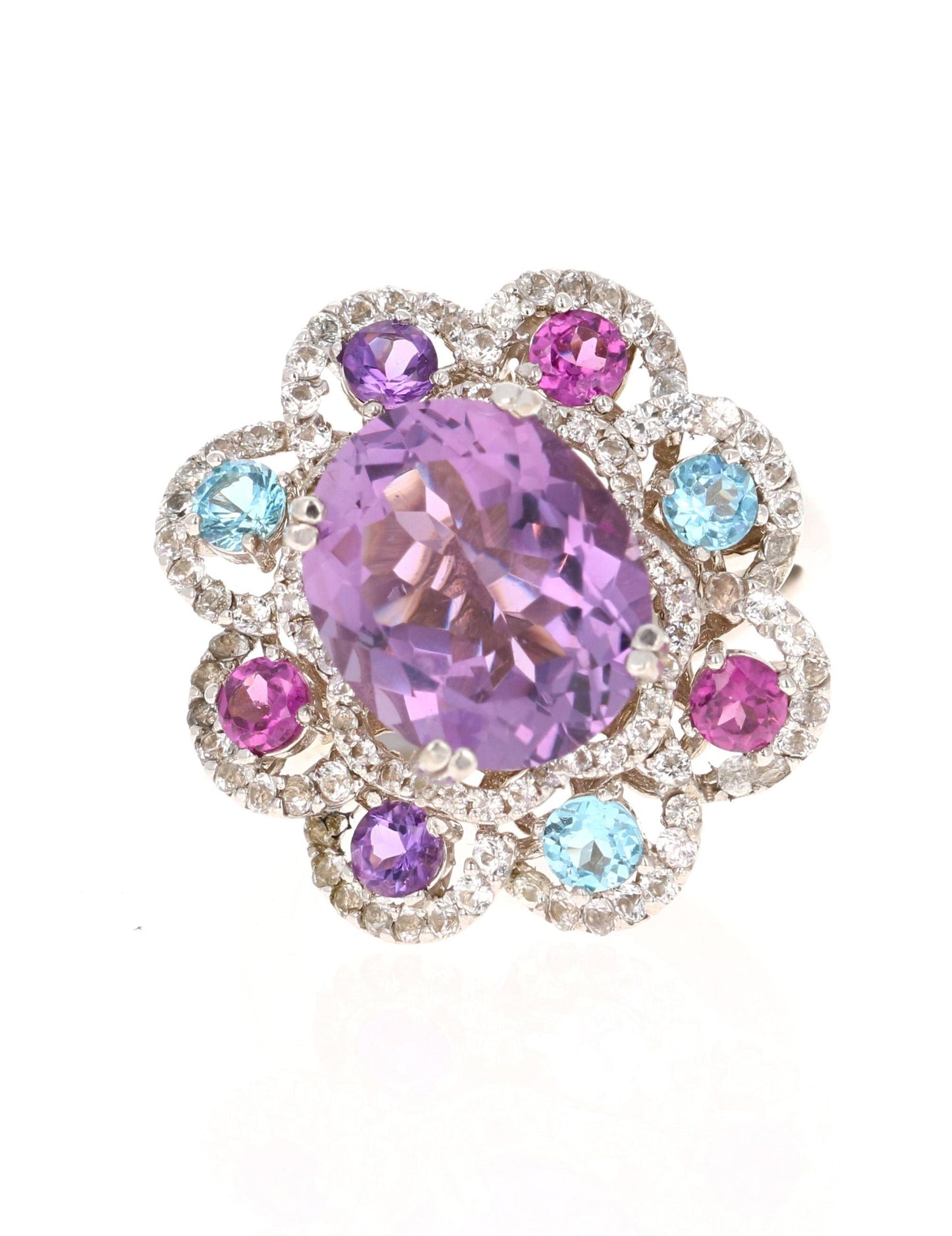 5.87 Carat Amethyst Sapphire Topaz White Gold Cocktail Ring