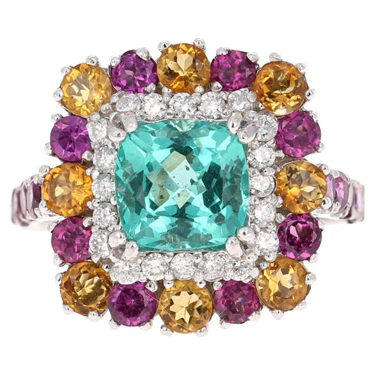 4.92 Carat Apatite Garnet Citrine Diamond 14 Karat White Gold Cocktail Ring