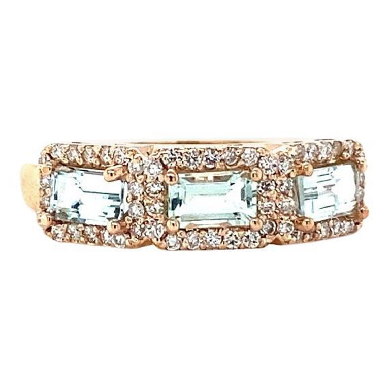 1.09 Ct Aquamarine, Diamond 3 Stone 14 Karat Rose Gold Cocktail Band