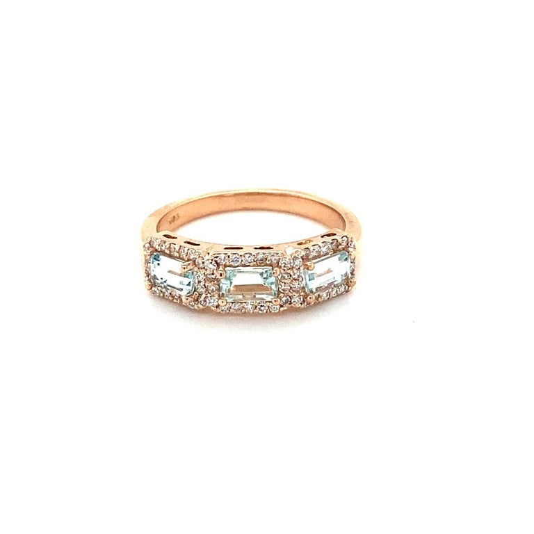 1.09 Ct Aquamarine, Diamond 3 Stone 14 Karat Rose Gold Cocktail Band