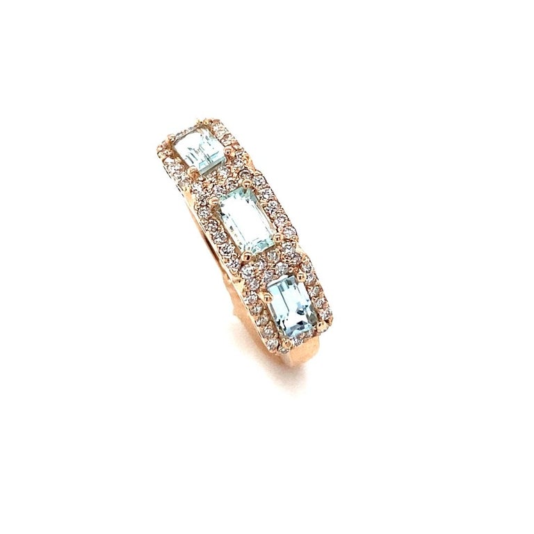 1.09 Ct Aquamarine, Diamond 3 Stone 14 Karat Rose Gold Cocktail Band