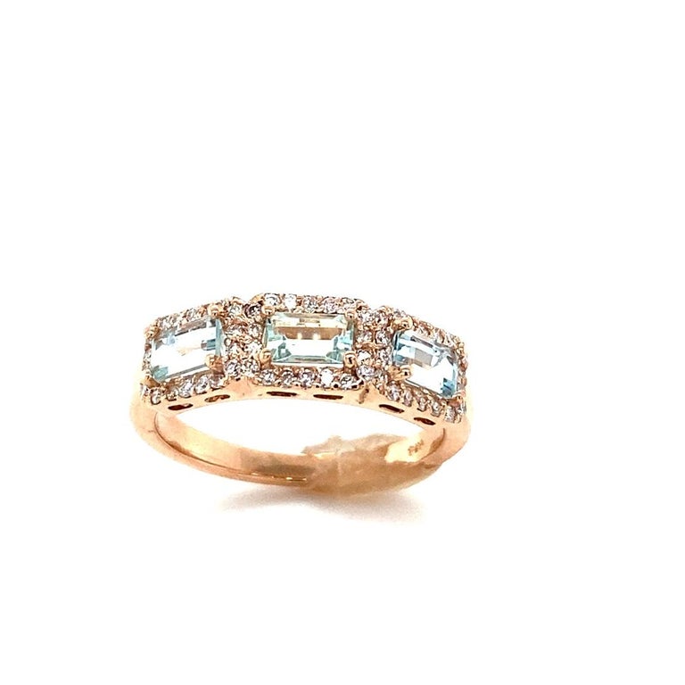 1.09 Ct Aquamarine, Diamond 3 Stone 14 Karat Rose Gold Cocktail Band