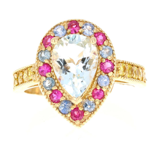 2.75 Carat Aquamarine Multi Color Sapphire Yellow Gold Cocktail Ring