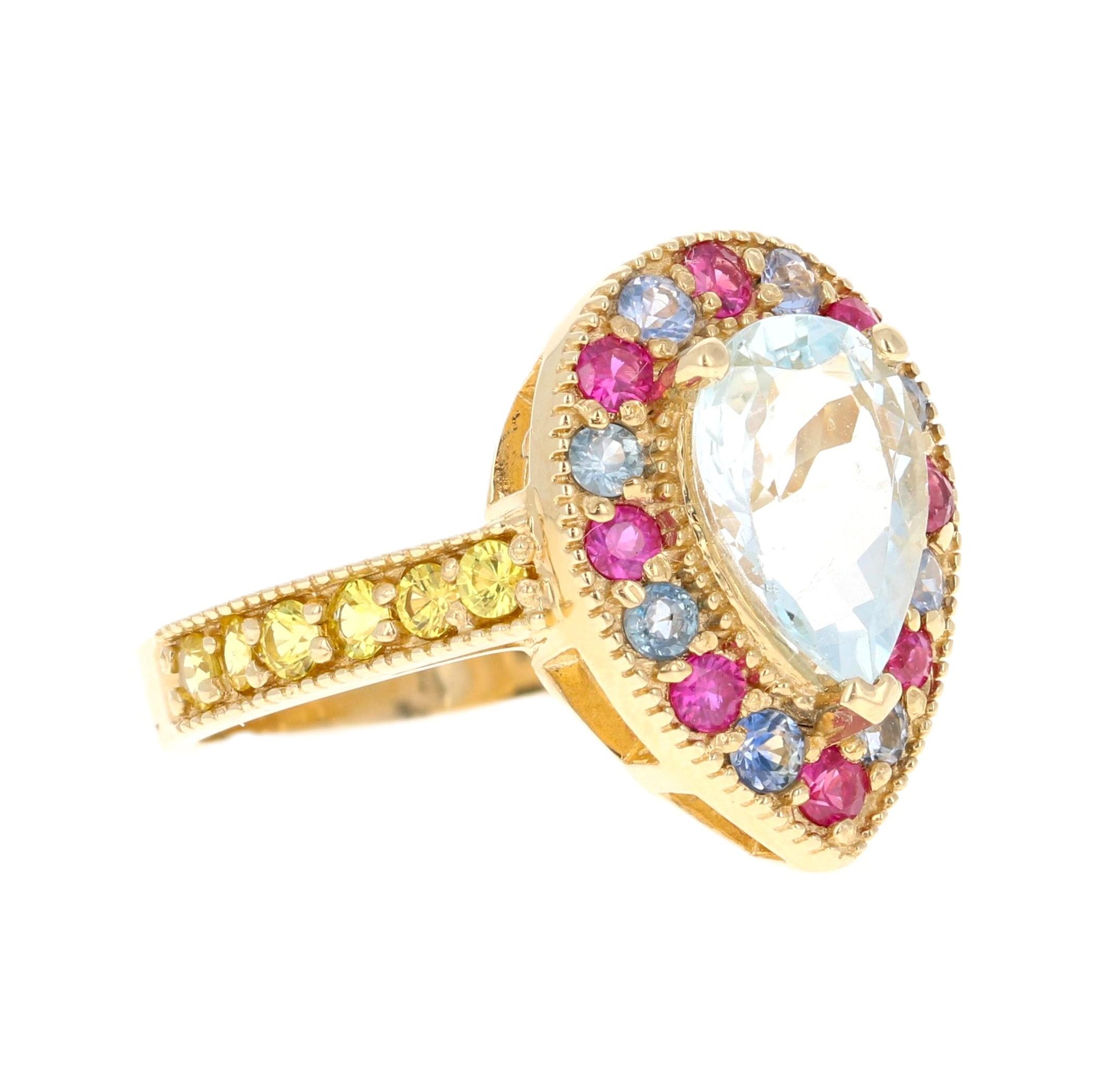 2.75 Carat Aquamarine Multi Color Sapphire Yellow Gold Cocktail Ring