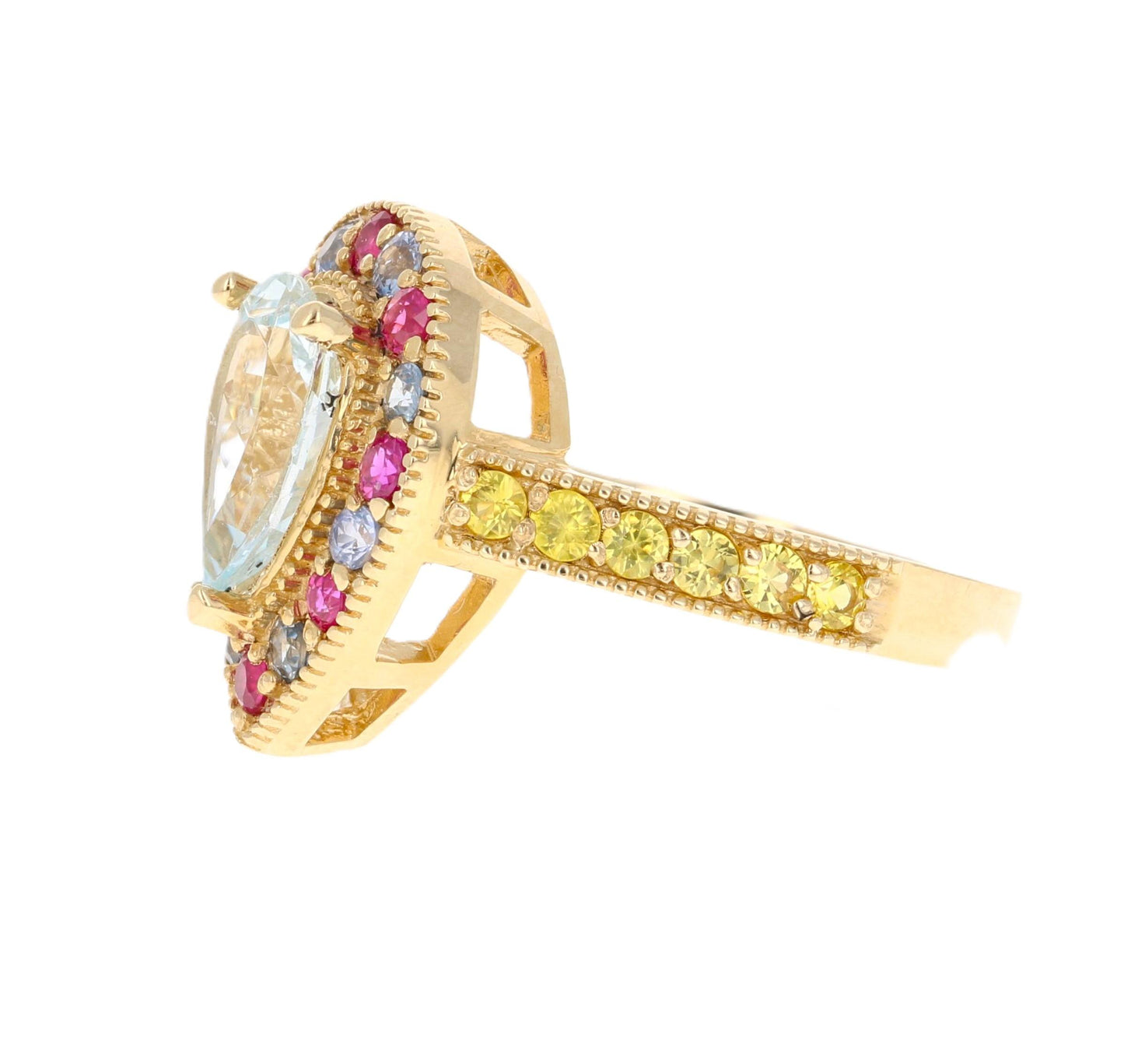 2.75 Carat Aquamarine Multi Color Sapphire Yellow Gold Cocktail Ring