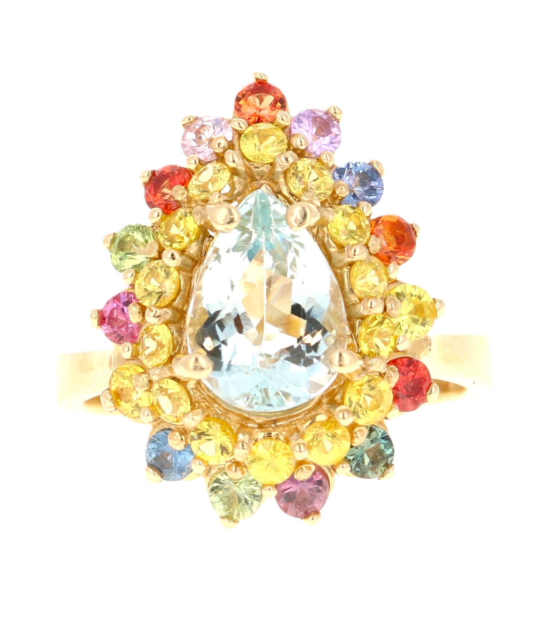 3.35 Carat Pear Cut Aquamarine Sapphire Yellow Gold Cocktail Ring