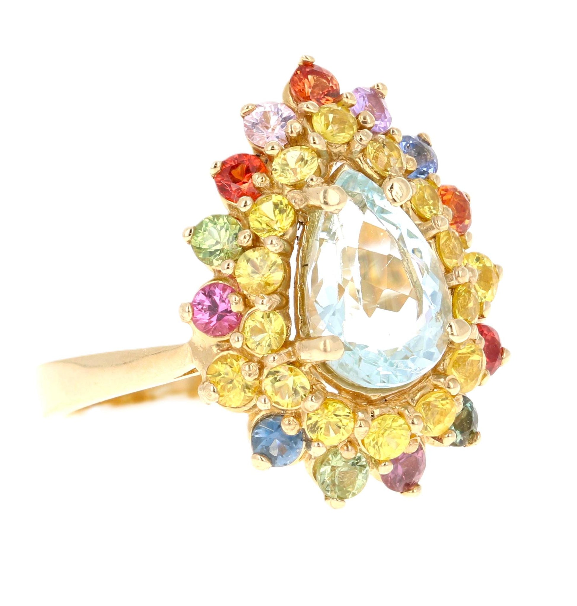 3.35 Carat Pear Cut Aquamarine Sapphire Yellow Gold Cocktail Ring