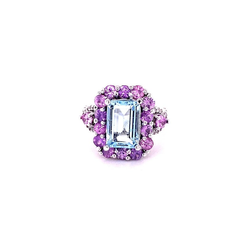 5.82 Ct Aquamarine, Pink Sapphire, Diamond 14 Karat White Gold Cocktail Ring