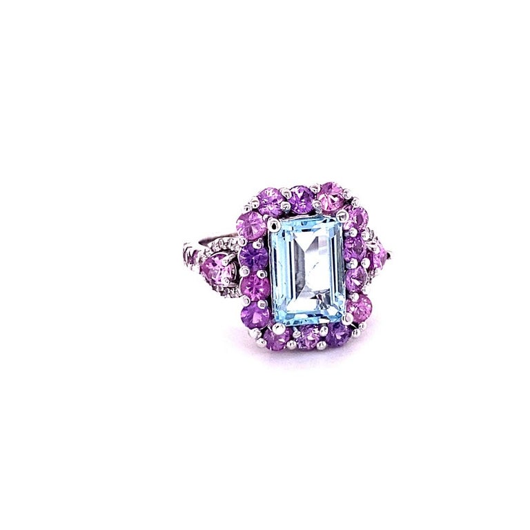 5.82 Ct Aquamarine, Pink Sapphire, Diamond 14 Karat White Gold Cocktail Ring