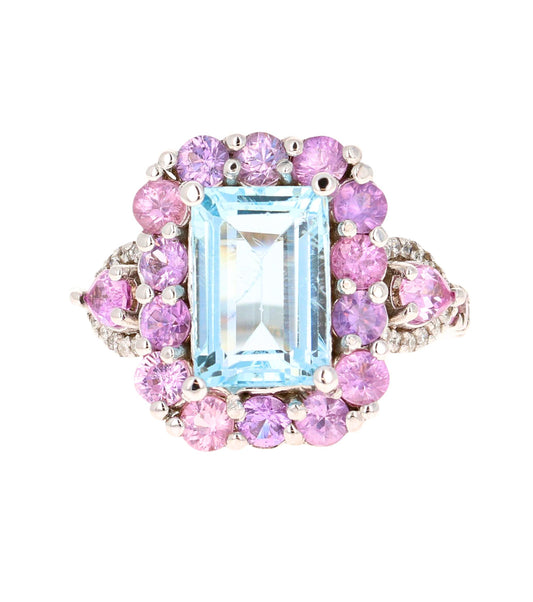 5.82 Carat Aquamarine Pink Sapphire Diamond White Gold Cocktail Ring