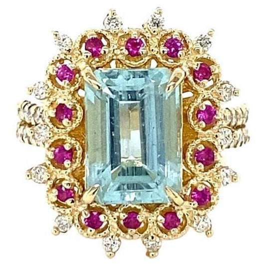 4.90 Ct Aquamarine, Pink Sapphire, Diamond 14 Karat Yellow Gold Cocktail Ring