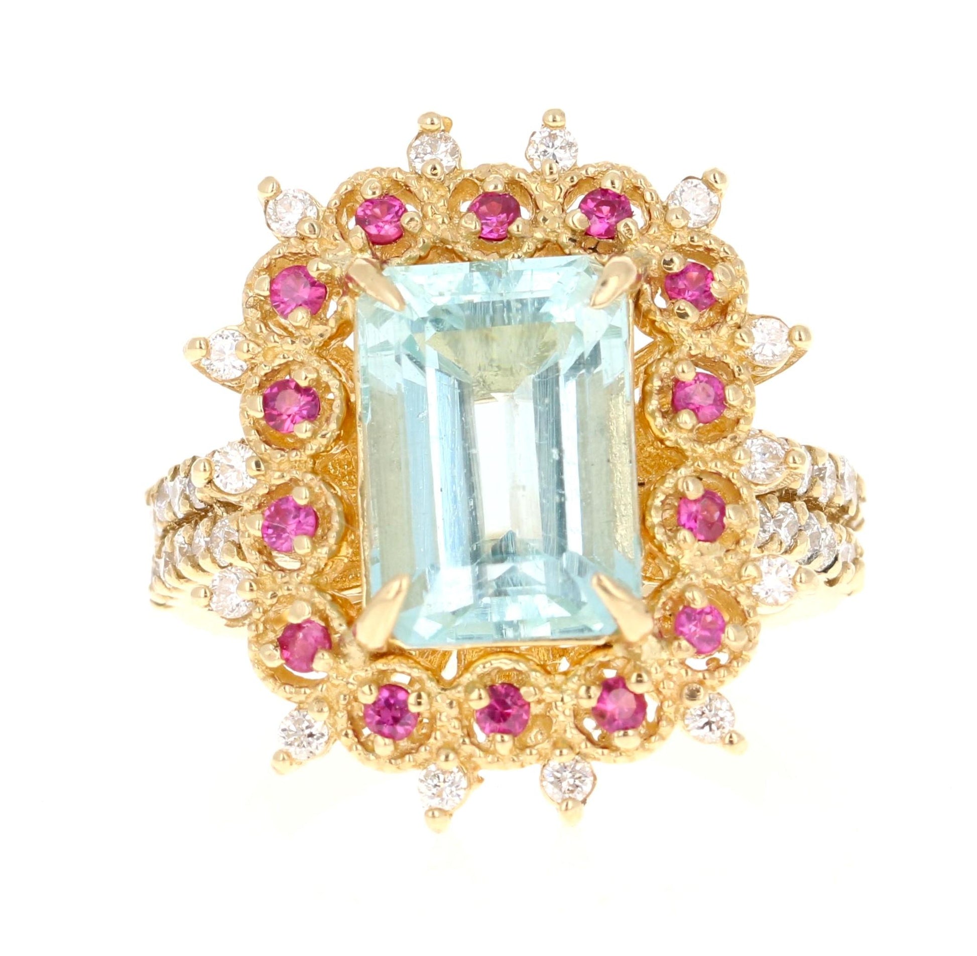 4.90 Ct Aquamarine, Pink Sapphire, Diamond 14 Karat Yellow Gold Cocktail Ring