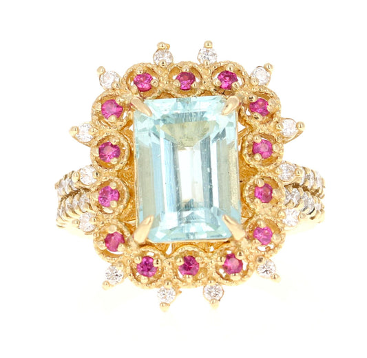 4.90 Ct Aquamarine, Pink Sapphire, Diamond 14 Karat Yellow Gold Cocktail Ring