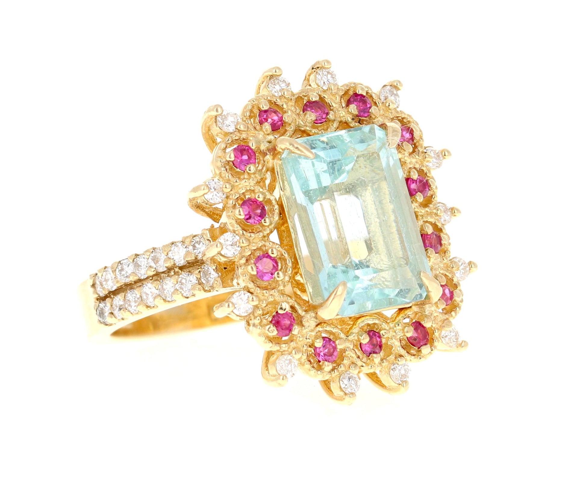 4.90 Ct Aquamarine, Pink Sapphire, Diamond 14 Karat Yellow Gold Cocktail Ring