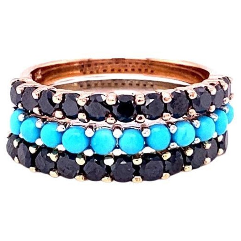 2.66 Carat Turquoise, Black Diamond, 14K Gold Band Set